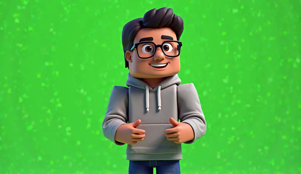 "A realistic Minecraft-style avatar with blocky features, wearing a casual hoodie and jeans, standing in front of a completely green background. The avatar has a friendly and expressive face, similar to Dhruv Rathee, with neatly styled hair and glasses. He...