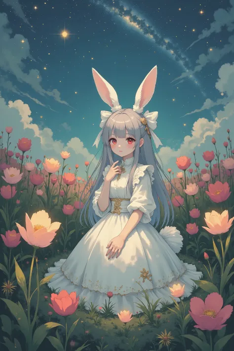 ( masterpiece, top quality:1.2), little cute rabbit girl , girl\((Big ribbons on the ears, cute ribbon、gold ribbon ),Rabbit tail , rabbit ears, very fluffy ears 、White Ear、 very long hair,Gray Hair,Warm deep red eyes , sparkling eyes, I closed my mouth, W...