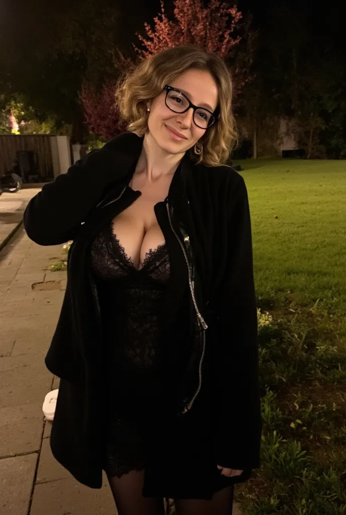 (woman 60 years old with glasses) photo taken from distance, mature woman, short wavy brown hair, glasses, black glasses, cleavage, wrinkled tits, wrinkled face, wrinled body , wrinkled skin, natural pose, smile, full body, black lace large dress, black ti...