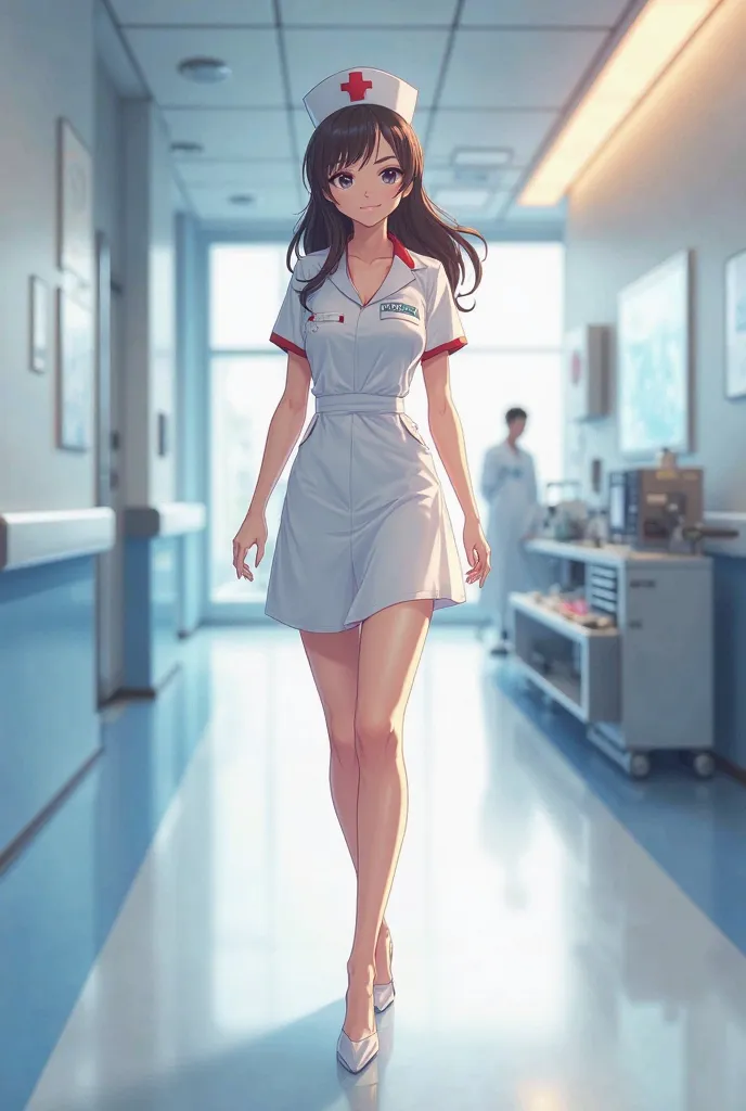 Create an anime-style video of a hot and rabbby elegant nurse walking the corridors of a Hospital  