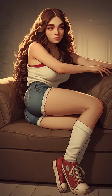 Alta calidad, there is an elegant building  ((red velvet armchair)) in an empty room with: a beautiful 25-year-old girl, (she is sitting on the couch) curly hair hazel, very curly, regions , brown hair,  thick eyebrows, long hair, with no hair on the front...