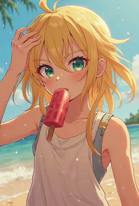 Felix from Stray s blonde with long hair, Look at us, With his right hand he protects himself from the sun. the back is pressed on his head, with the other he holds the popsicle that he now holds between his lips, The arm is slightly horizontal