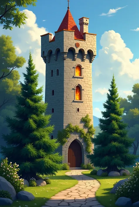 One medieval tower with warm orange light flowing from its window, there are two Christmas trees on the sides of the tower,  season summer , guild badge photo