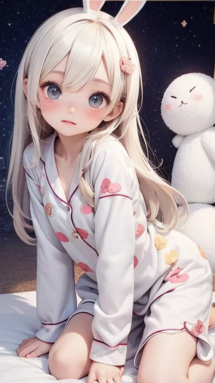 fluffy rabbit costume pajamas, flat chest, slim body,  blanking、 blushes、Thick Eyes ,  white hair, long hair,  hair above eyes, Halterbra, stupid hair,  medium hair,  wariza, Dynamic Poses,  1 person（ legs extended）, foot to your chest