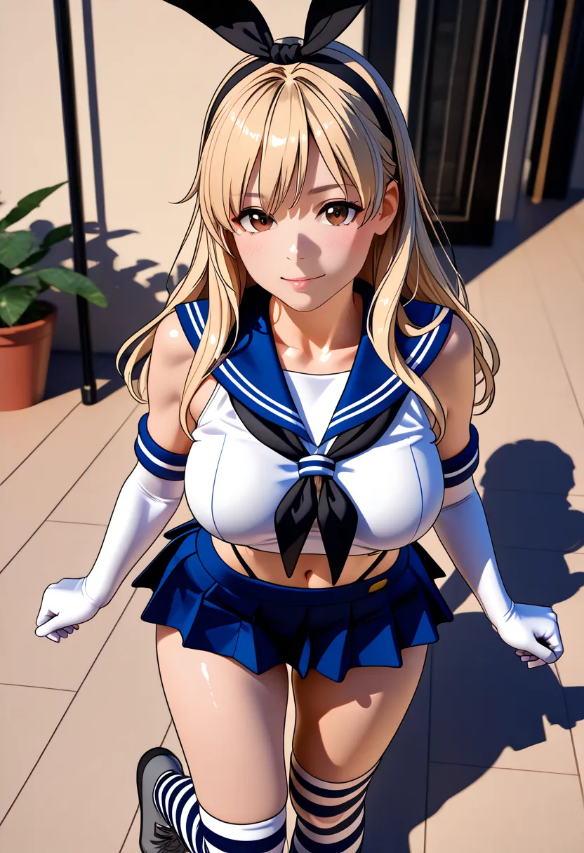  Super Realistic Pictures , RAW photo  , realism, 3D rendering ,Unity Engine),Break 1girl, alone, Island Breeze、 brown eyes、Big Blonde、 long hair、 headband、 black ribbon,    Blue Sailor Suit  、   sleeveless shirts、 crop top、 white gloves、   elbow gloves  、...