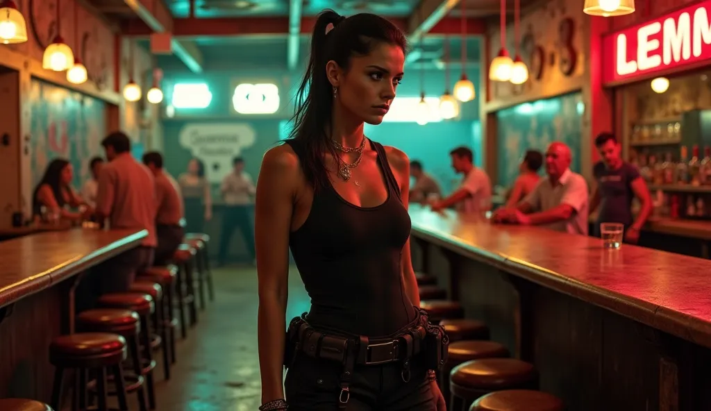 Create a realistic and cinematic scene in the same run-down bar on the outskirts of Manaus, Brazil, with its hot, stifling atmosphere and gritty details—peeling walls, flickering neon signs, and patrons chatting in Portuguese. Enter LENA MARTINEZ (30), a t...