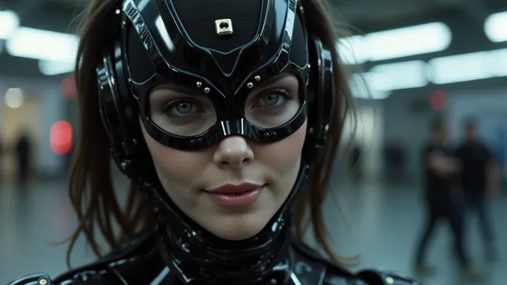  Fembot    (female robot)  in black hypersuit.   looks like victoria justice.  smile.