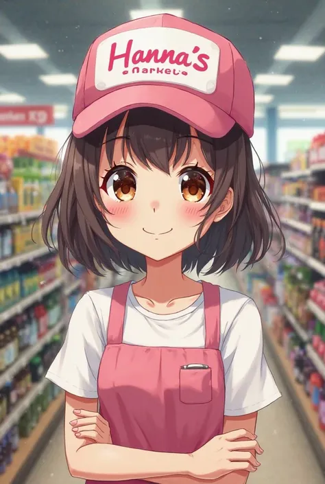   girl, without hair, with a smile, Wearing a pink cap that says: Hanna's MARKET, with lenses,  with brown eyes, working as a shop assistant in a supermarket, anime-style drawing