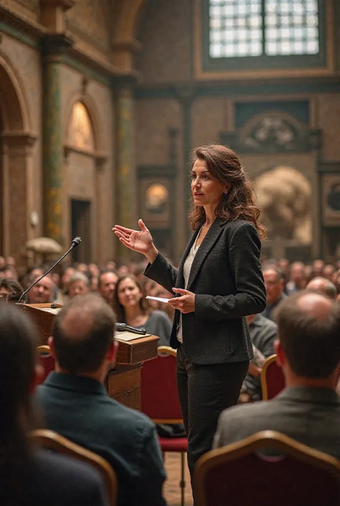 Woman gives a talk at a natural science museum 