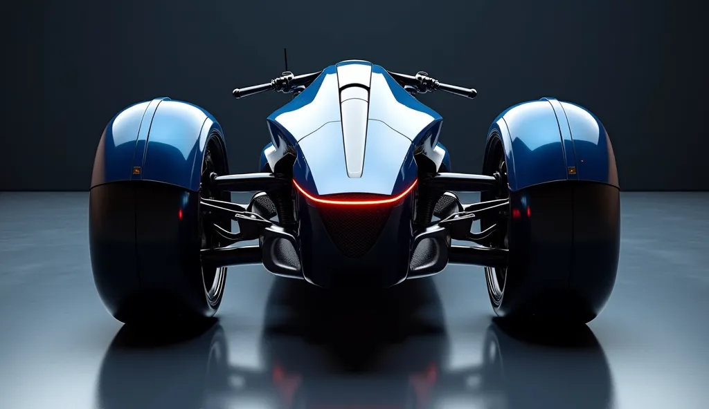 
"A futuristic three-wheeler motorcycle viewed from the rear, featuring a wide stance with two large wheels for stability. The sleek, aerodynamic body is finished in metallic blue with carbon fiber accents. A continuous LED taillight strip runs across the ...