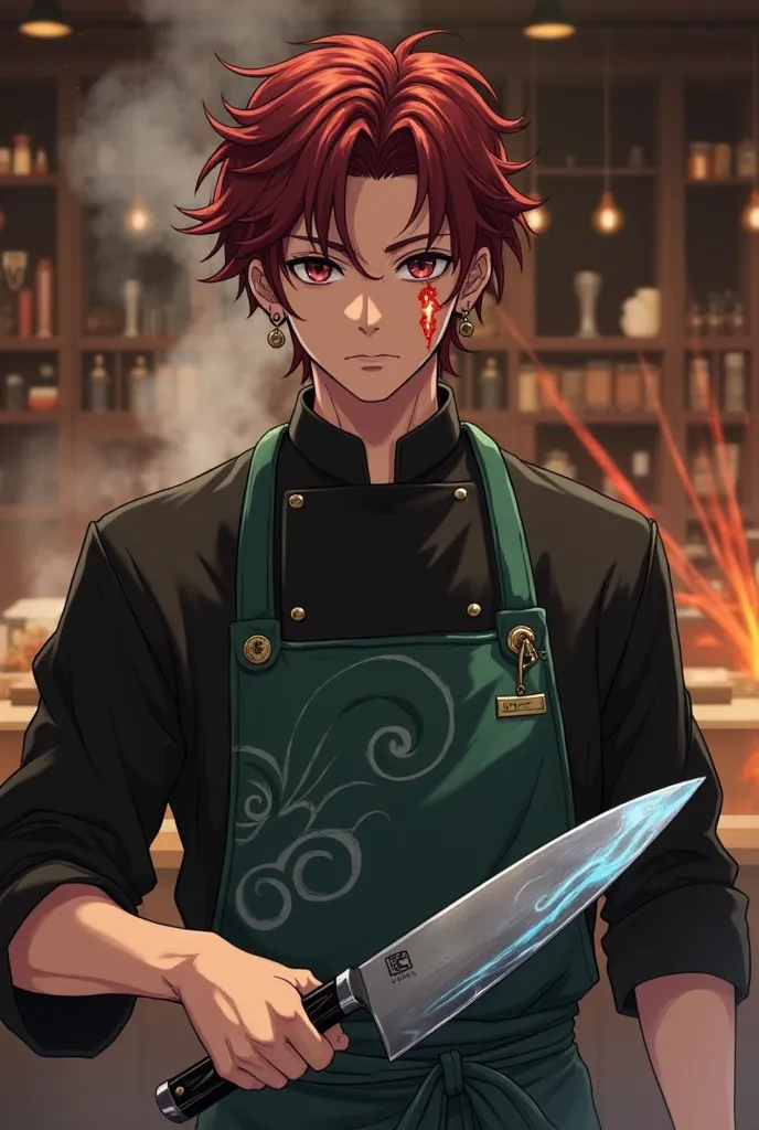 Tanjiro Kamado from Demon Slayer reimagined as a master chef in a high-end Japanese restaurant. He is a young man with short, wavy dark red hair and large, kind burgundy eyes. His forehead has a distinct dark red scar, glowing slightly like embers. He wear...