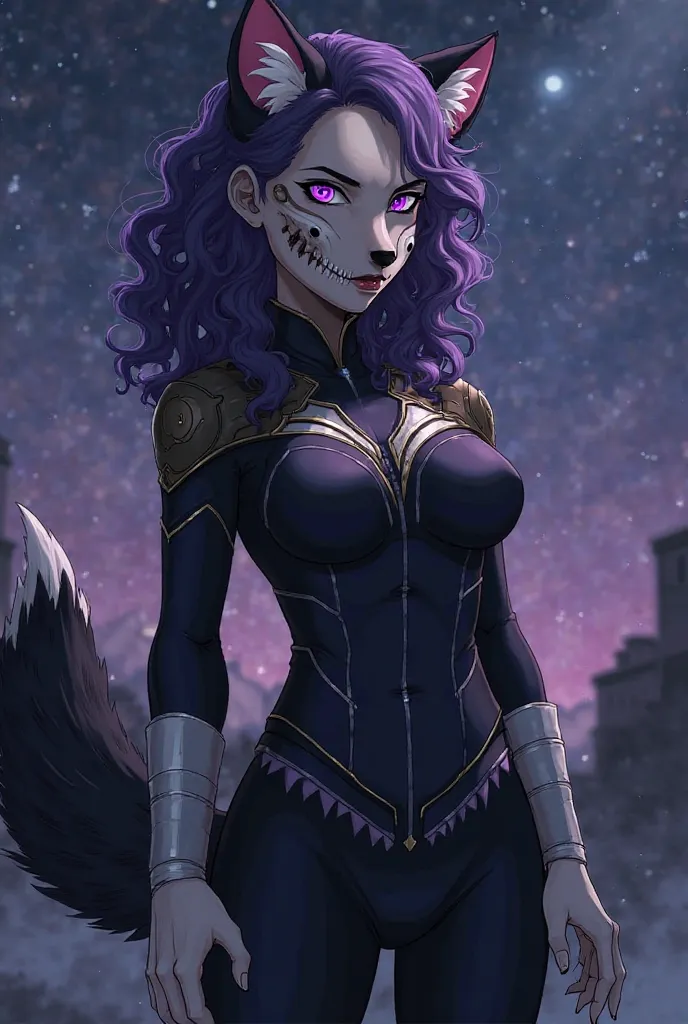 Create Boku no Hero Academia character, feminine gender, Anthropomorphic aspect of the Furry wolf, with a wolf's skull covering his face,  serious expression, medium curly purple hair, long tail black and white, Wolf hero costume, 20 years, black eyes with...