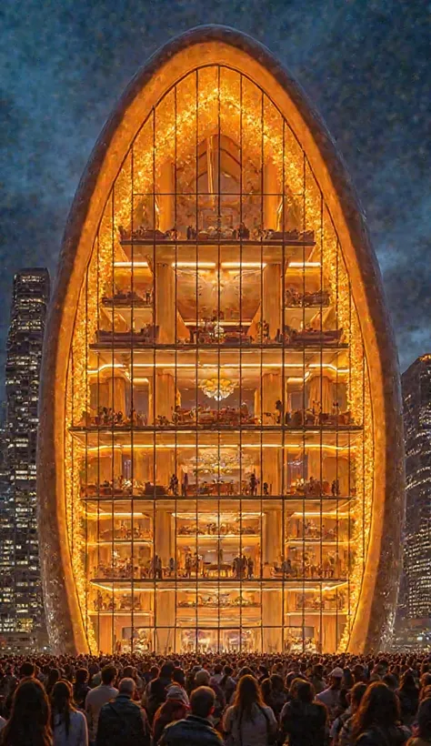 A gigantic half-cut orange-shaped skyscraper, entirely covered in a sleek glass exterior. The cut section reveals luxurious rooms inside, each illuminated with warm golden lights. The interiors are visible through the transparent glass, showing elegant fur...