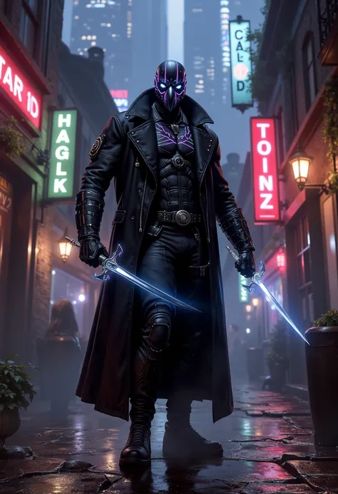 Character Name: Nero Alvar

Description:

Appearance: Tall, imposing figure. Piercing steely eyes. Nasso Turco-style mask with a long, beak-like nose. Dark lenses. Cryptic symbols and glowing neon lines pulsing with his heartbeat.

Outfit: Long black trenc...