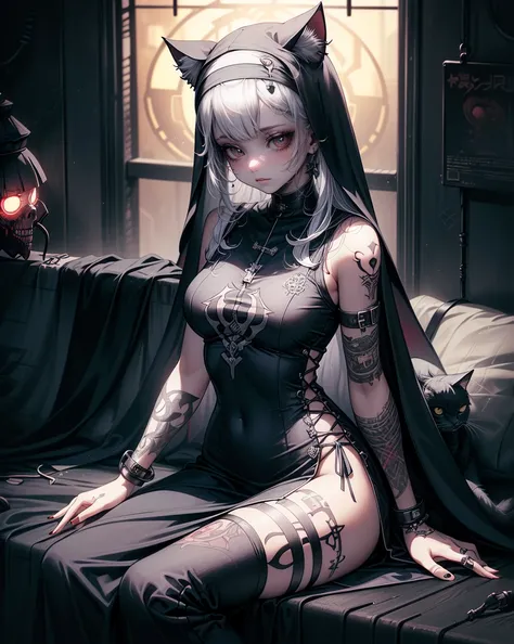  1 woman, MACABRE, (((((Horror))))),long white hair, long hair, white hair,  Cat ears, prospect, purple eyes, nun, ((nun, nun,  long dress )) Tattoos on arms, colorful koi tattoos,  Cyberpunk, neon, Loose hair, (((sitting))),  1 woman, one girl, ((GHT, got...