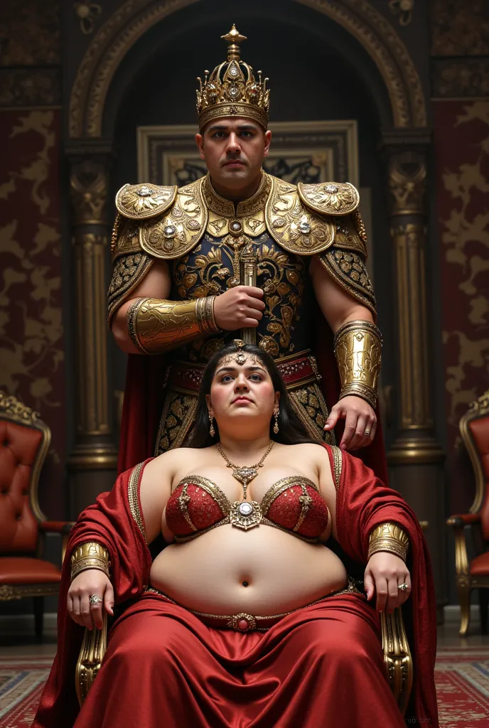 A king is poking the sword into the navel hole, of a chubby queen