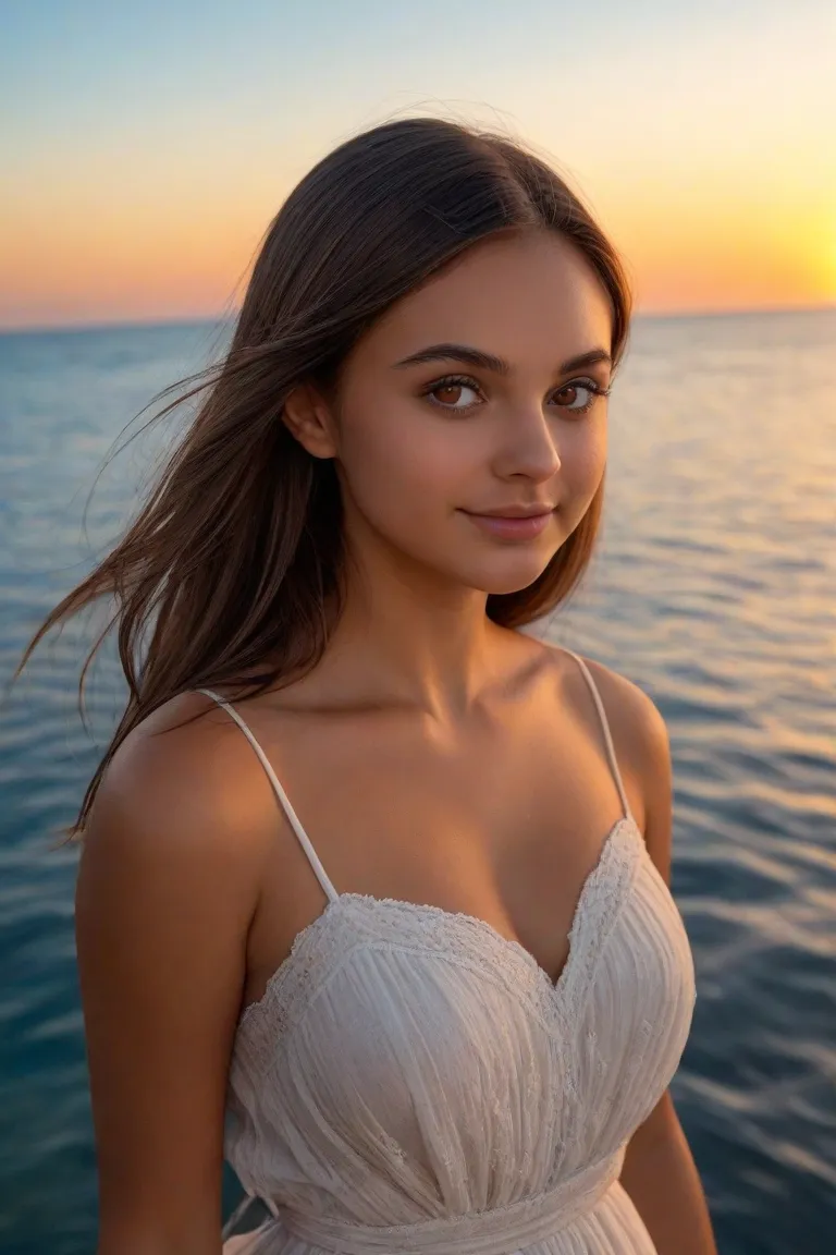 A breathtakingly beautiful young woman with long, silky brown hair and deep hazel eyes. Her skin is flawless, with a natural glow, and she has soft, delicate facial features. She is wearing a stylish, elegant dress with subtle details that enhance her beau...