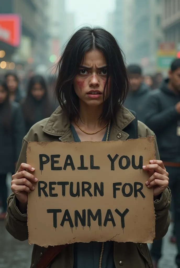 Create a image where a ugly hot girl holding a poster saying .. where is my Tanmay .. I want him