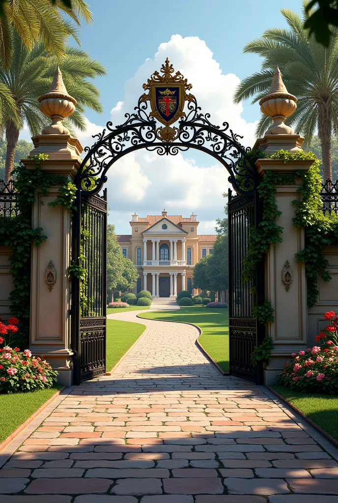 The entrance to a luxurious college with 4-meter colonial-style iron gates, 4-meter stone wall with creepers and flowers. On the iron gate there is the school's coat of arms and beyond the, Far away,  gate it is possible to see a gravel road surrounded by ...