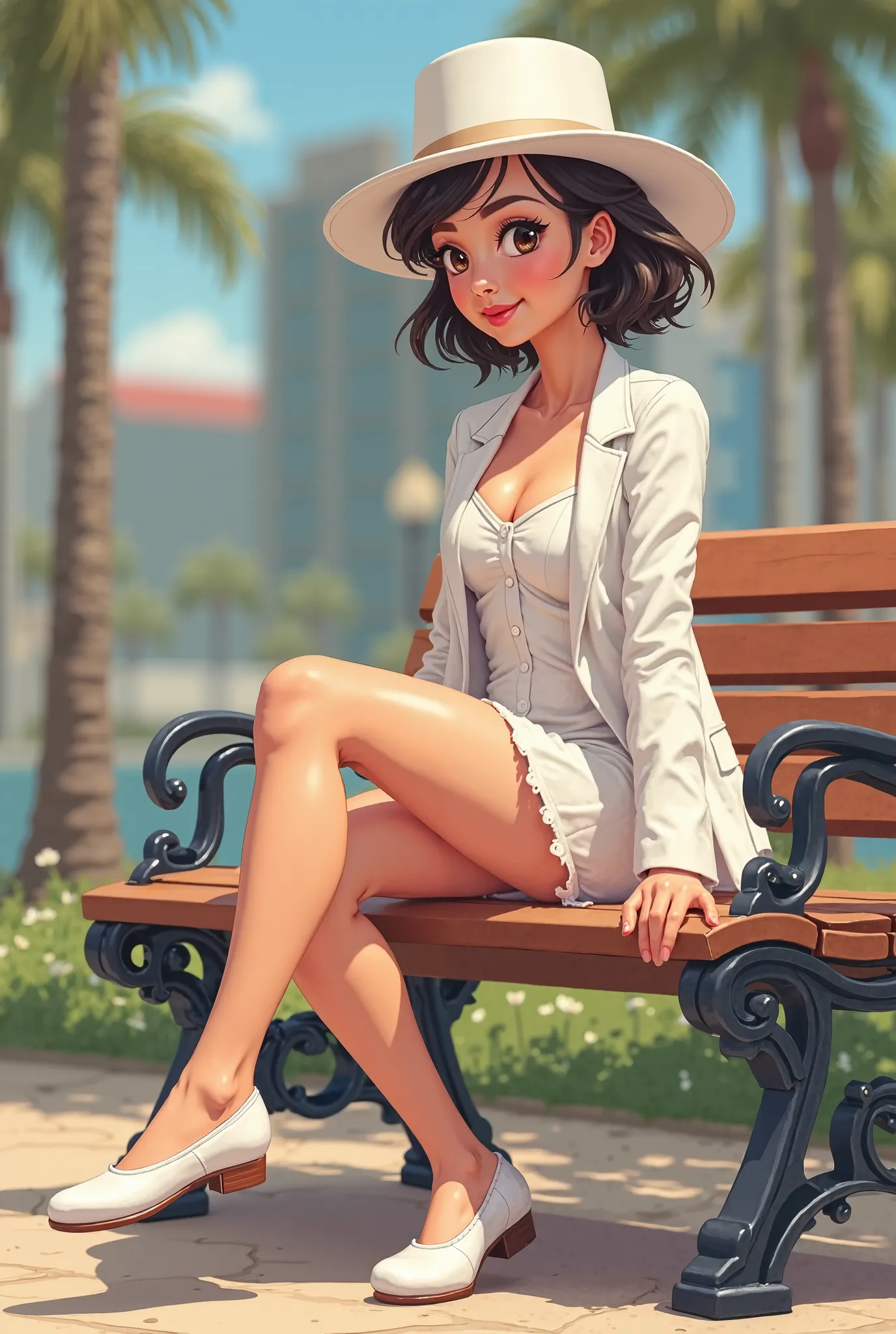 Tip: A very lovely Asian American being happy alone on a park bench in Downtown San Diego in the sun… The illustration is a high definition illustration with 4k resolution., with highly detailed facial features and cartoon style visuals, white leotard, whi...