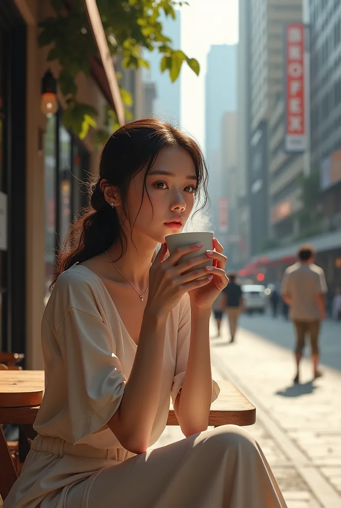 Woman in minimalistic outfit, siting outside coffee shop, drinking coffee. 