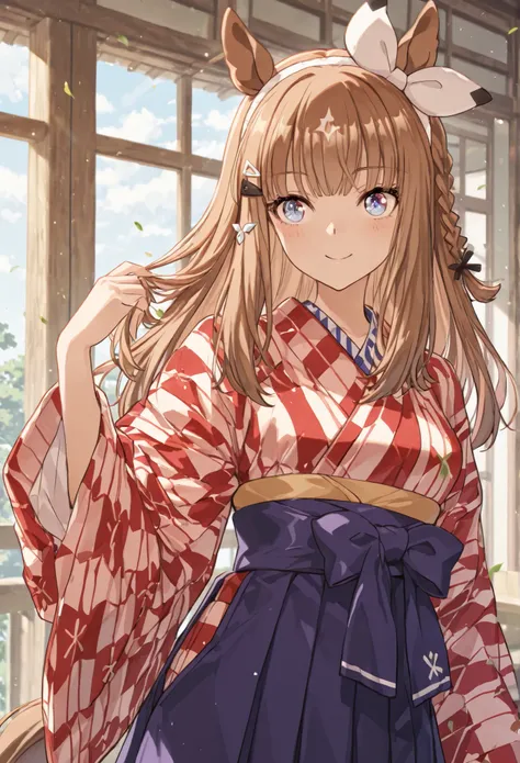 {{{masterpiece}}}, {{{best quality}}}, {{ultra-detailed}}, {illustration}, {{an extremely delicate and beautiful}},{{{Almond Eye}}},{{{Uma Musume}}} {{{smile}}}, kimono,Hakama,{{{Japanese towns in the Meiji era}}}