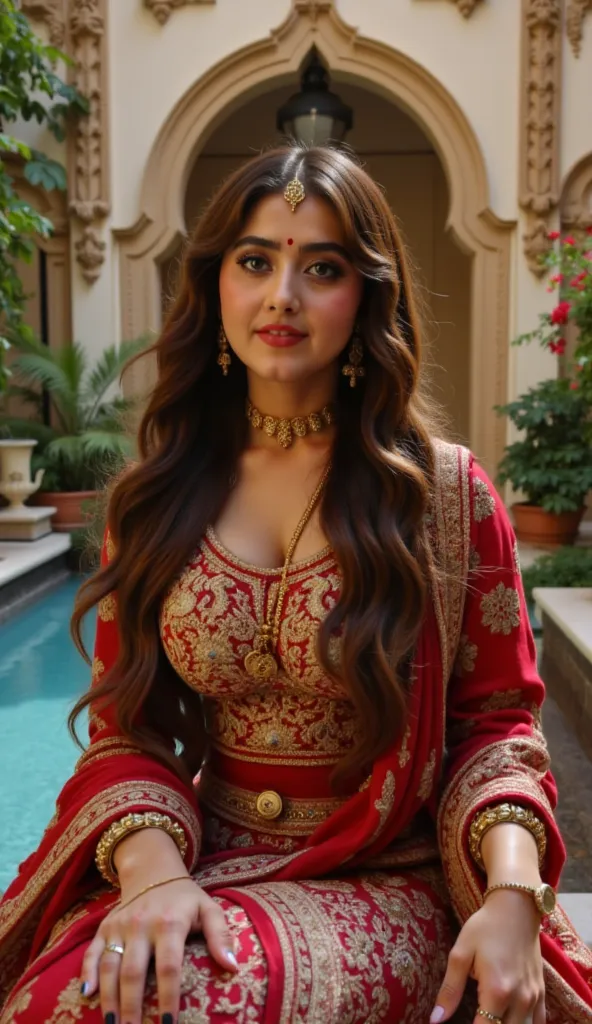 Kajal Agarwal depicted as a traditional Indian princess with an alluring silhouette, adorned in an intricate traditional attire embellished with vibrant patterns and rich fabrics. She wears an array of ornate gold jewelry that catches the light, accentuati...