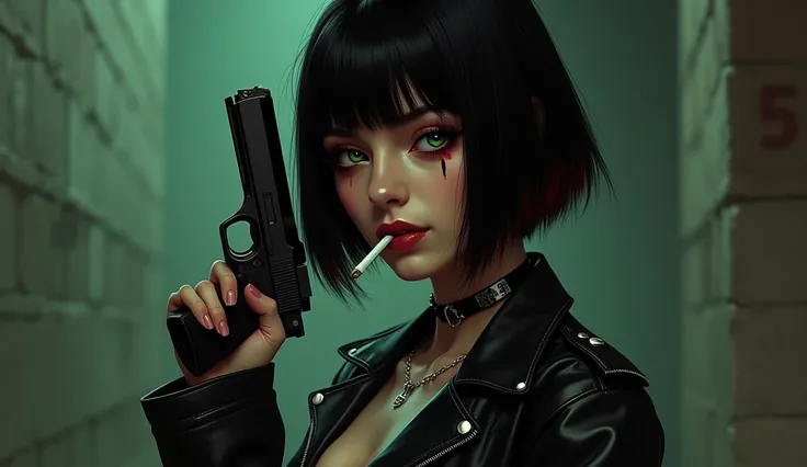 An adult girl with a black bob, right eye green, left red, wearing a leather jacket, new punk style boots, smoking a cigarette, and holding a gun