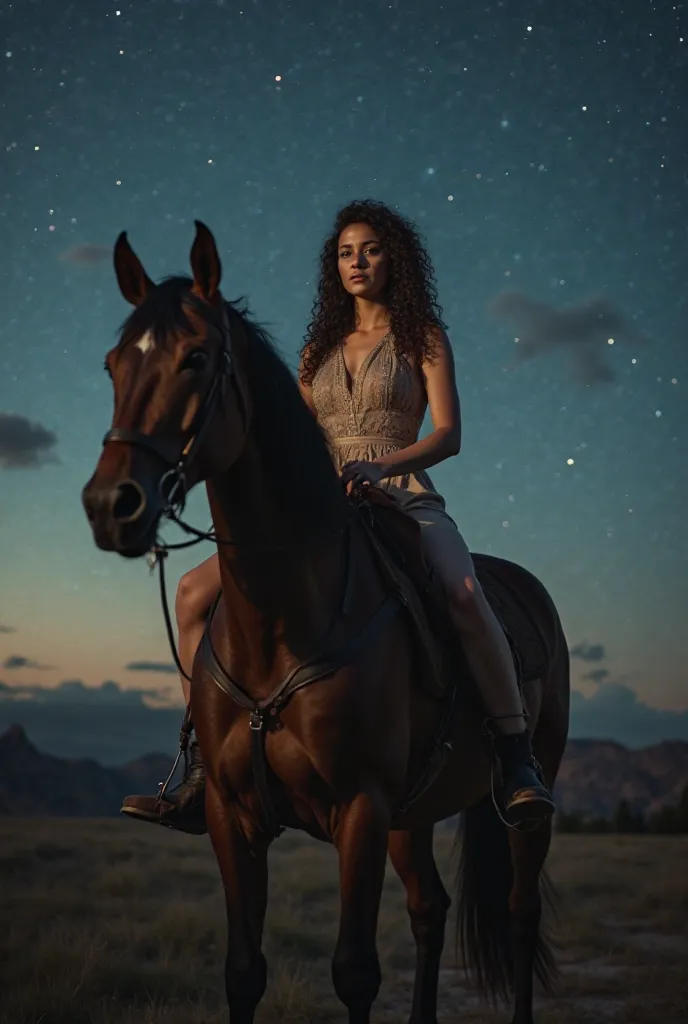 realistic photo,  Woman on horse, Curly, twilight, Stars in the sky, 