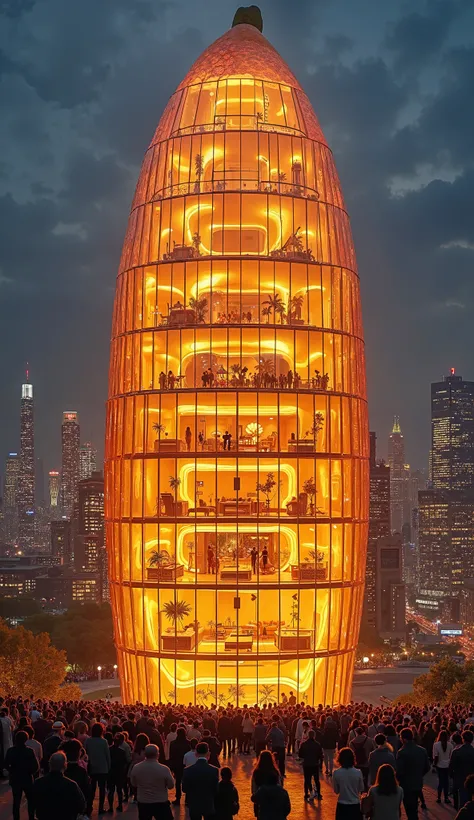 A gigantic half-cut orange-shaped skyscraper, entirely covered in a sleek glass exterior. The cut section reveals luxurious rooms inside, each illuminated with warm golden lights. The interiors are visible through the transparent glass, showing elegant fur...