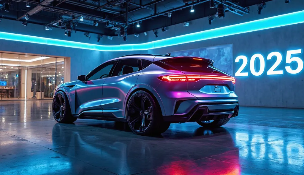 "A futuristic and uniquely designed SUV showcased in a luxurious, high-tech showroom with bright spotlights and a glossy reflective floor. The image focuses on the car's back side, highlighting its sleek curves, glowing LED taillights, and an aggressive ae...