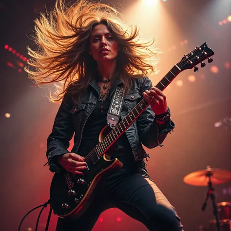  beautiful female rock guitarist , Brilliant Lighting ,full body,long hair, I'm shaking my hair,