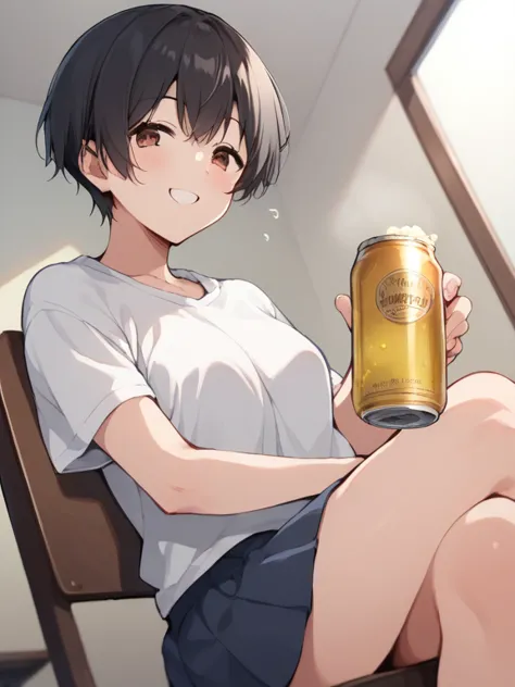 score_9, score_8_ up, score_7_ up, score_6_ up, score_5_ up,    source_anime，nsfw， uncorrected，Alone,1 girl,   black hair , brown eyes, Hair bangs, short hair, pale skin, glass, slender body,  oversized white t-shirt , short skirts, Beer can in hand, Drink...