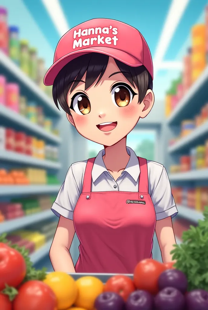   girl, bald,  with a big smile, Wearing a pink cap that says: Hanna's MARKET, with lenses,  with brown eyes, working as a shop assistant in a supermarket, anime-style drawing