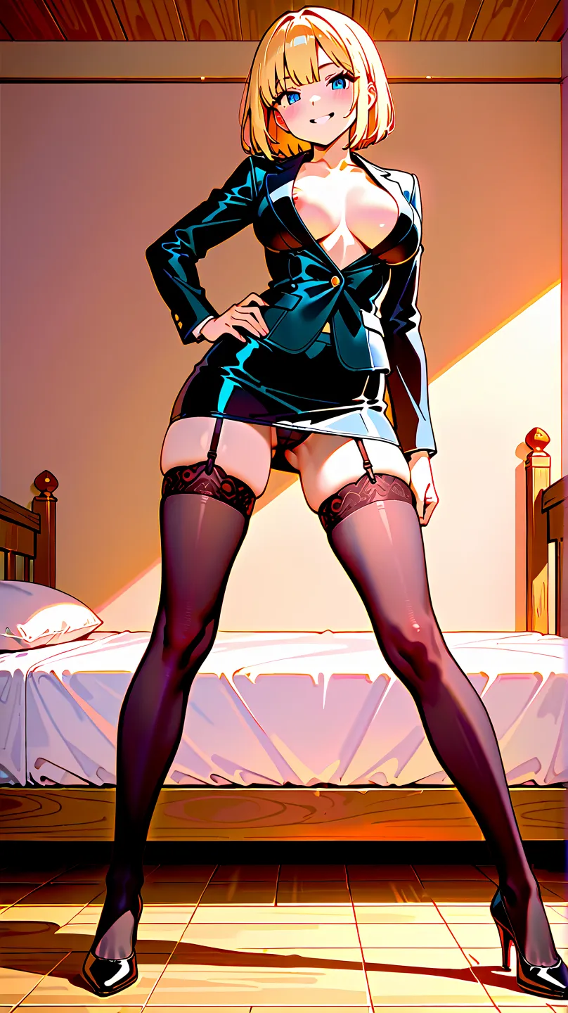 a super sexy anime woman with her legs spread showing off tight black suit and stockings, 1girl, solo, thighhighs, high heels, 26years old, blonde bob cut, hand on hip, ass visible through thighs, jacket, garter straps, skirt, underwear, panties, blue eyes...