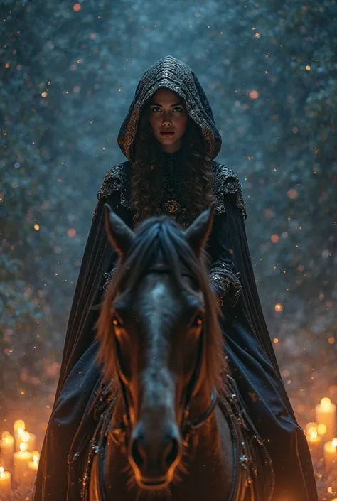 realistic photo, woman on horse, Curly, in a cloak , Night, stars, around, lights, candles