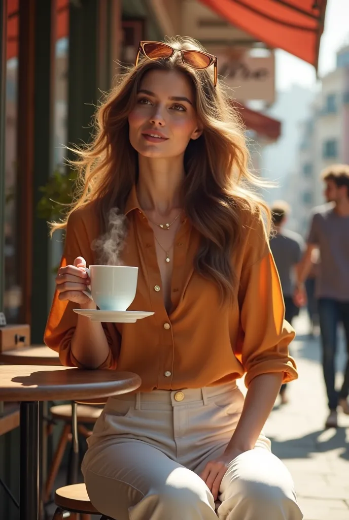 Woman with brown hair, wearing caramel and white outfit combination and sunglasses, siting outside coffee shop, drinking coffee. If possible with head turned.