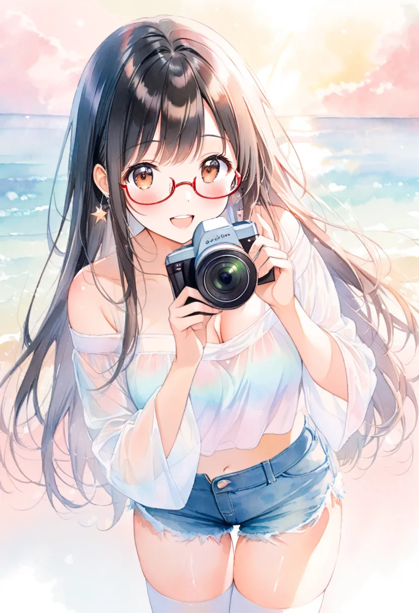 (ultra detailed:0.7), cover image, (soft pastel tones, watercolor, (bright color:1.3), transparent, gradation, harmonious and calm atmosphere:1.1), 1girl, , brown eyes are shining and cute, black hair, long hair, extremely detailed neat hair,Straight hair,...