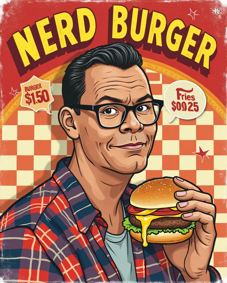 A retro 1960s USA-style burger joint poster|featuring a half-body man|wearing glasses|dressed in 60s attire with a plaid shirt and slicked-back hair|holding a juicy hamburger with dripping cheese|bold title "NERD BURGER" in vintage diner font|price tags li...