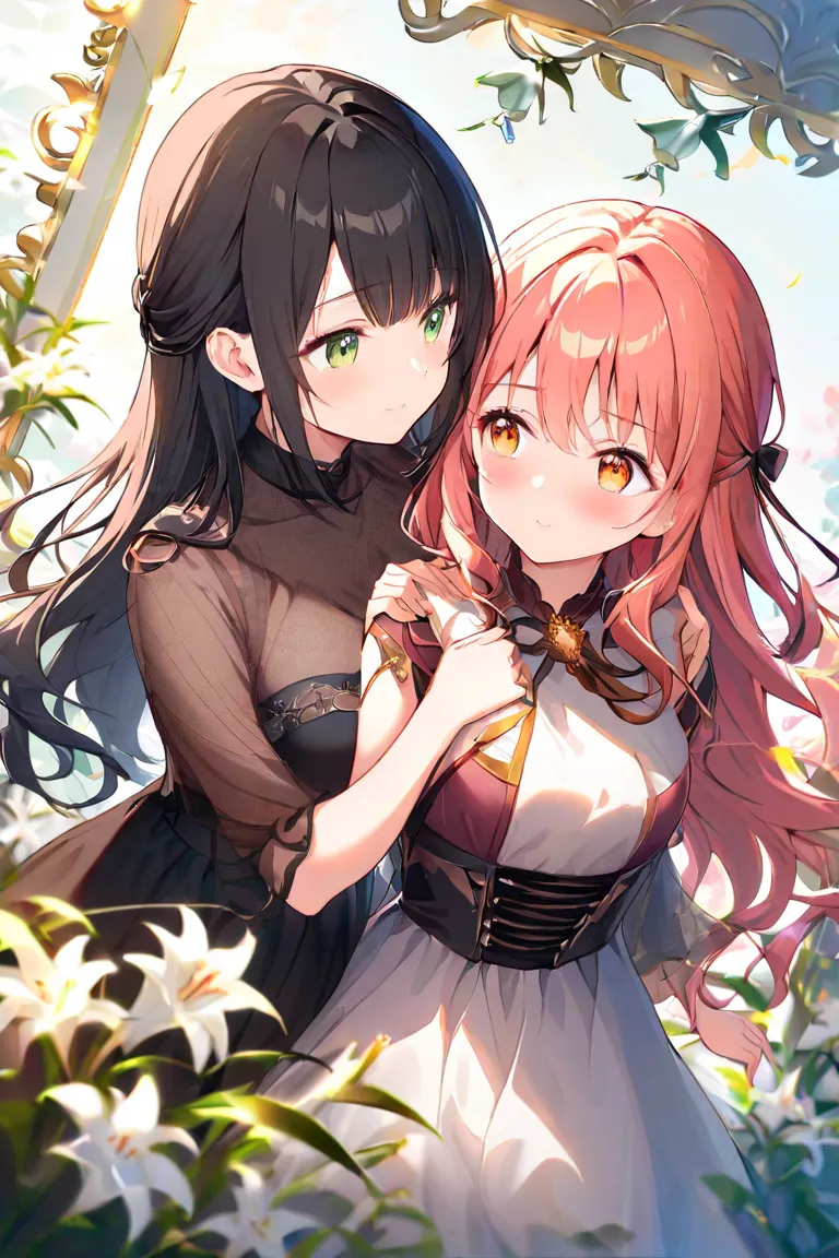 girls２people、（ bun hair wrapped up to the shoulder、orange-pink hair、Big Breasts、orange eyes、fine）、（ black hair、 green eyes、 small tits、long hair、Rin々like）、lily、 hold hands、dutch angle、delicate、Mysterious、Blushing、Touching shoulders、Staring at Each Other、