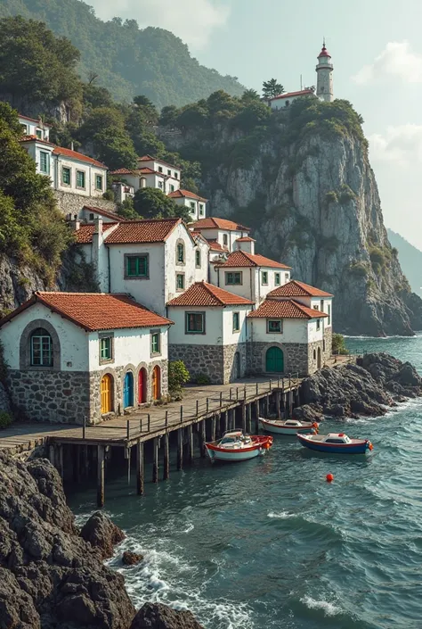 A village in a cove with a beach of round black basalt rocks. The houses are colonial Portuguese, some of white masonry with details in black basalt stone. Some houses are made entirely of black basalt bricks. The window doors are painted dark blue, dark g...