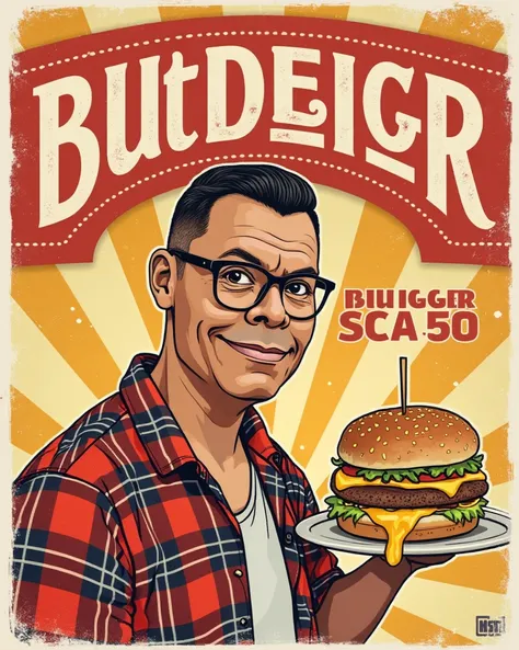 A retro 1960s USA-style burger joint poster|featuring a half-body man|wearing glasses|dressed in 60s attire with a plaid shirt and slicked-back hair|holding a juicy hamburger with dripping cheese|bold title "NERD BURGER" in vintage diner font|price tags li...