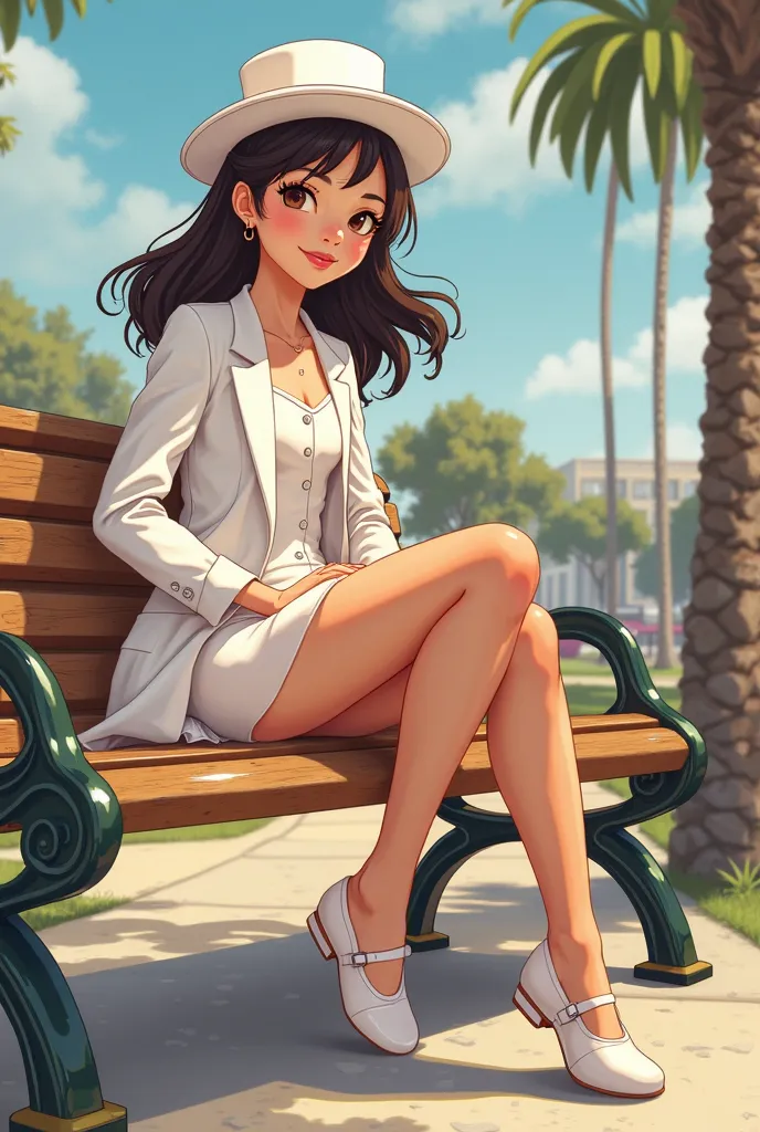 Tip: A very lovely Asian American being happy alone on a park bench in Downtown San Diego in the sun… The illustration is a high definition illustration with 4k resolution., with highly detailed facial features and cartoon style visuals, white leotard, whi...