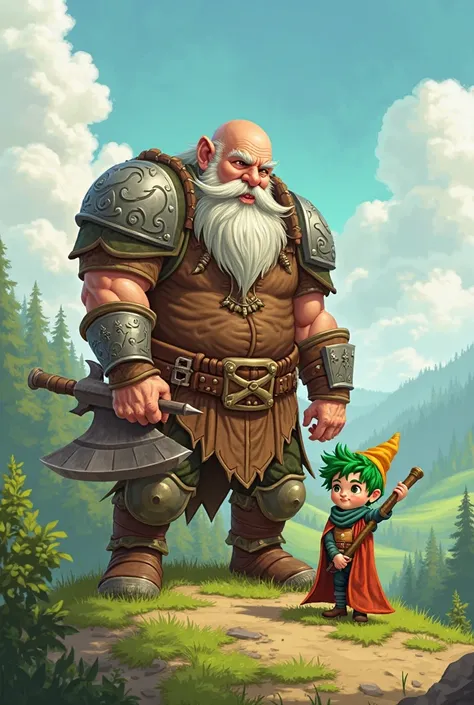 a cartoon image of a small green-haired wizard gnome without a hat, with his partner bald dwarf with his axe. The dwarf is taller than the dwarf.  inspired by Johannes Helgeson 