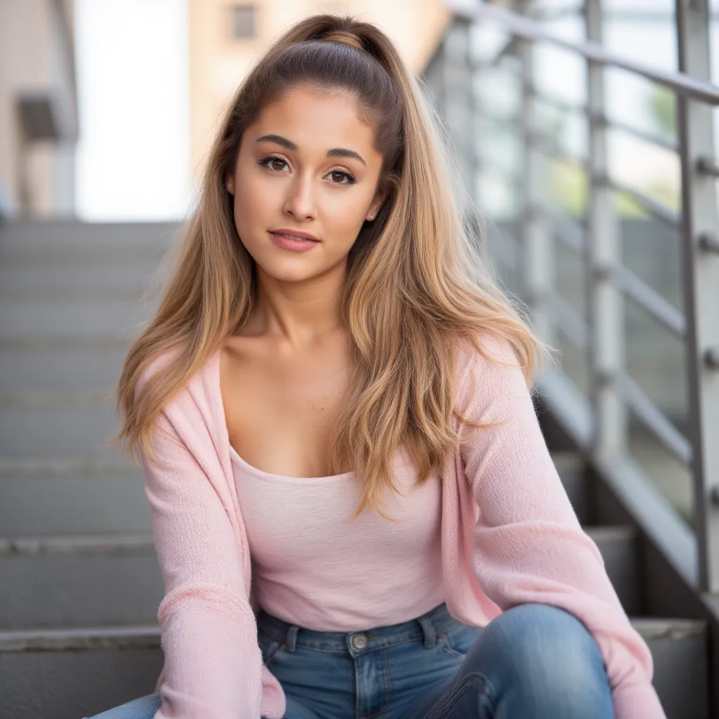 woman sitting on stairs. Has a pink sweater on. a pair of jeans and sneakers. In the background you can see the apartment blocks,  style photorealistic ,  sharp focus, very detailed, sunlight, full body,  sharp background 