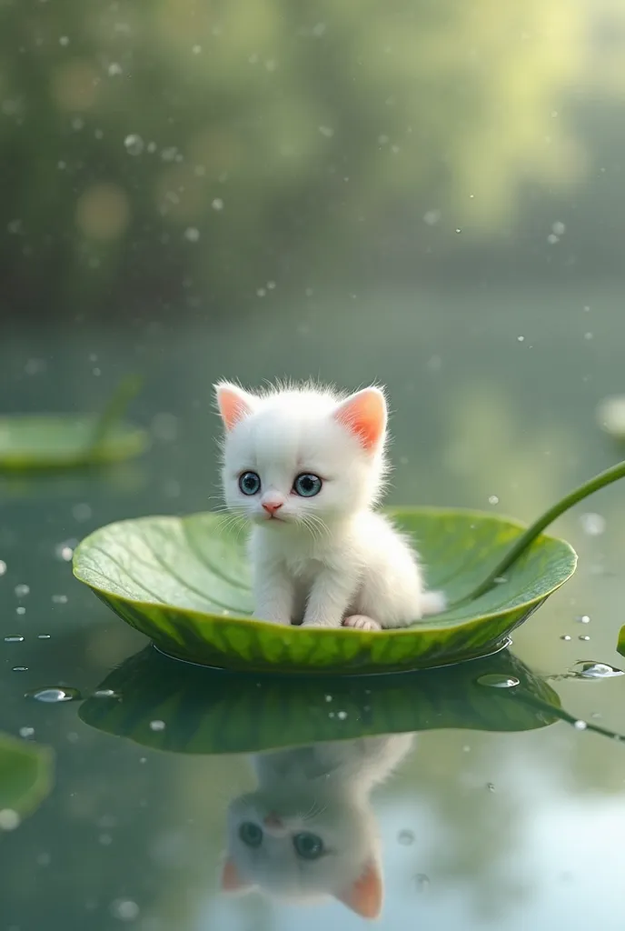 A small white kitten that fits on a green leaf and is in the water