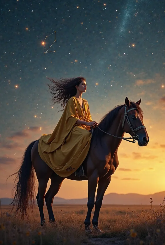 realistic photo, woman on horse, Curly, twilight, Stars in the sky, constellations, Golden cloak  