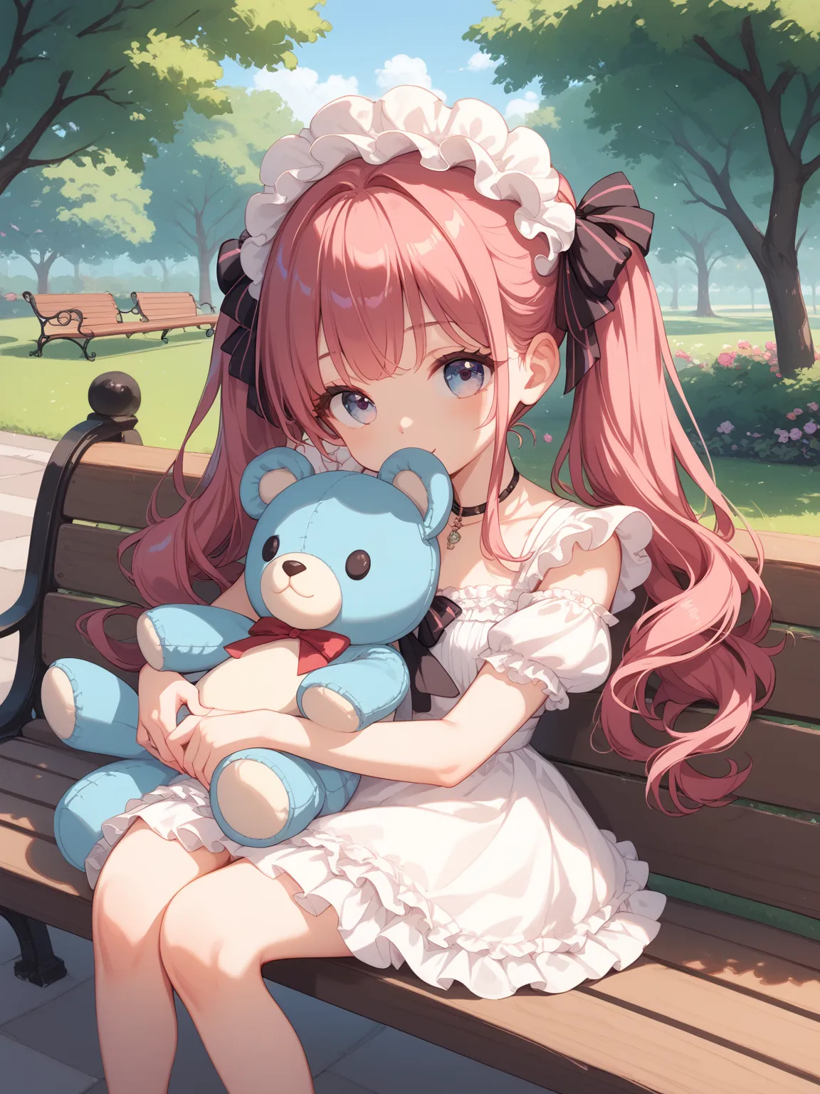 background（she snuggles up to her prompt）：
"I have my favorite stuffed animal on my lap。tree々 leaves swaying in the wind on a slightly cloudy sky 、tree漏れ日が優しく地面を照らしている。I can hear the ren's laughter from a distance、the breeze carries the scent of flowers。Th...