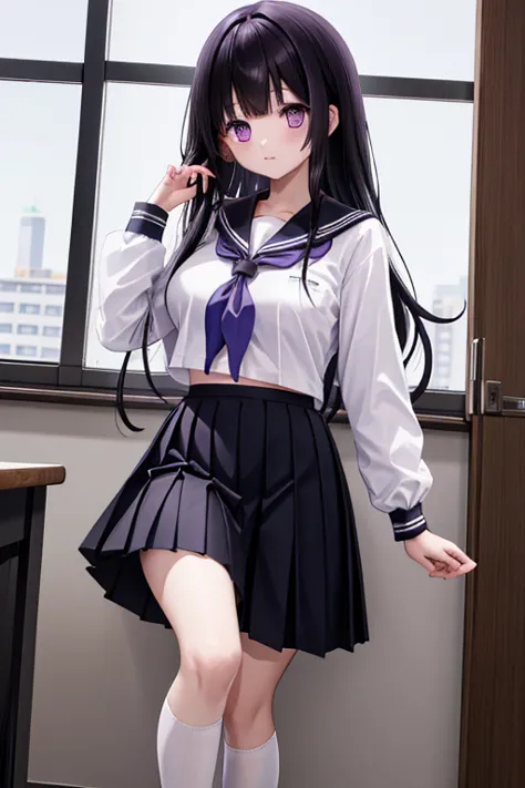 1 girl,  micrheskirt  , long hair,   black hair, school uniforms, purple eyes, white shirt,  white socks, pleated skirt, bangs, Wear black sailor collar , Neckerchief, black skirt, long sleeve, ( shirt lift:1.2), belly button,  is nice,、 black hairロングヘアー,b...