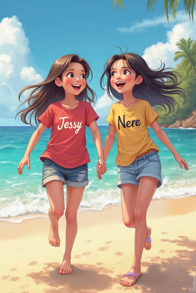 A girl with the name Jessy written on her shirt and a girl with the name Nere written on her shirt 
On the beach 